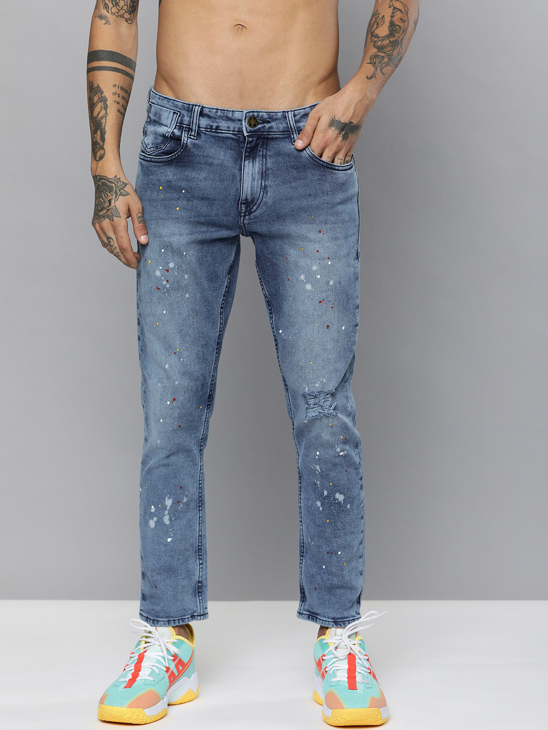 

Kook N Keech Men Blue Slim Fit Mildly Distressed Heavy Fade Printed Stretchable Jeans