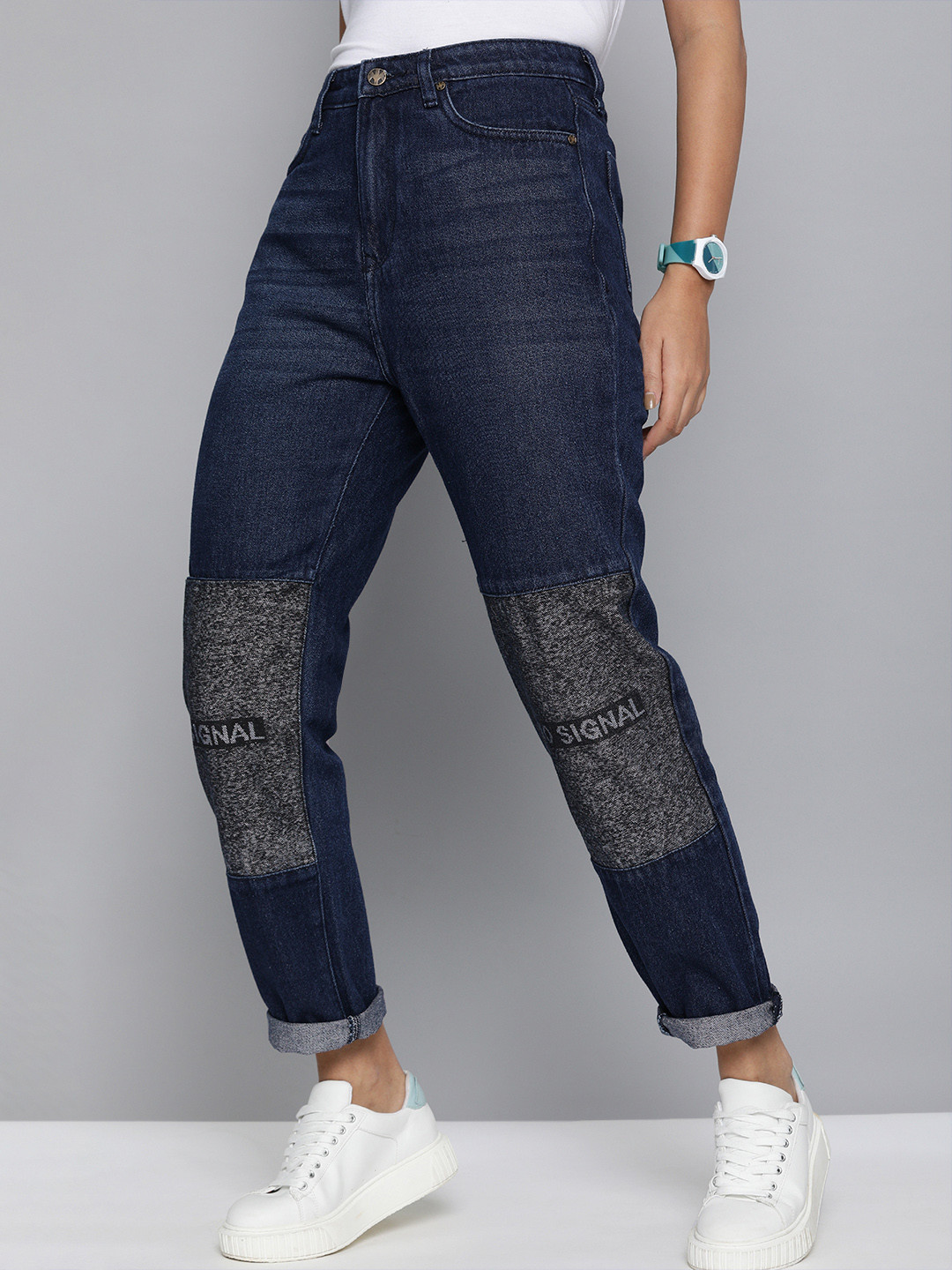 

Kook N Keech Women Navy Blue Boyfriend Fit Light Fade Printed Pure Cotton Jeans