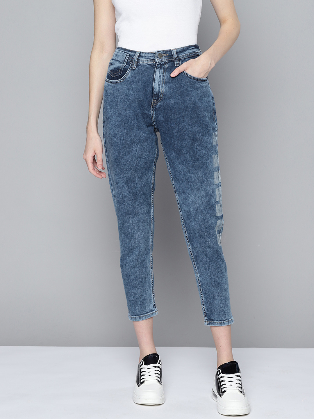 

Kook N Keech Women Blue Light Fade Printed Cropped Mom Fit High Rise Stretchable Jeans