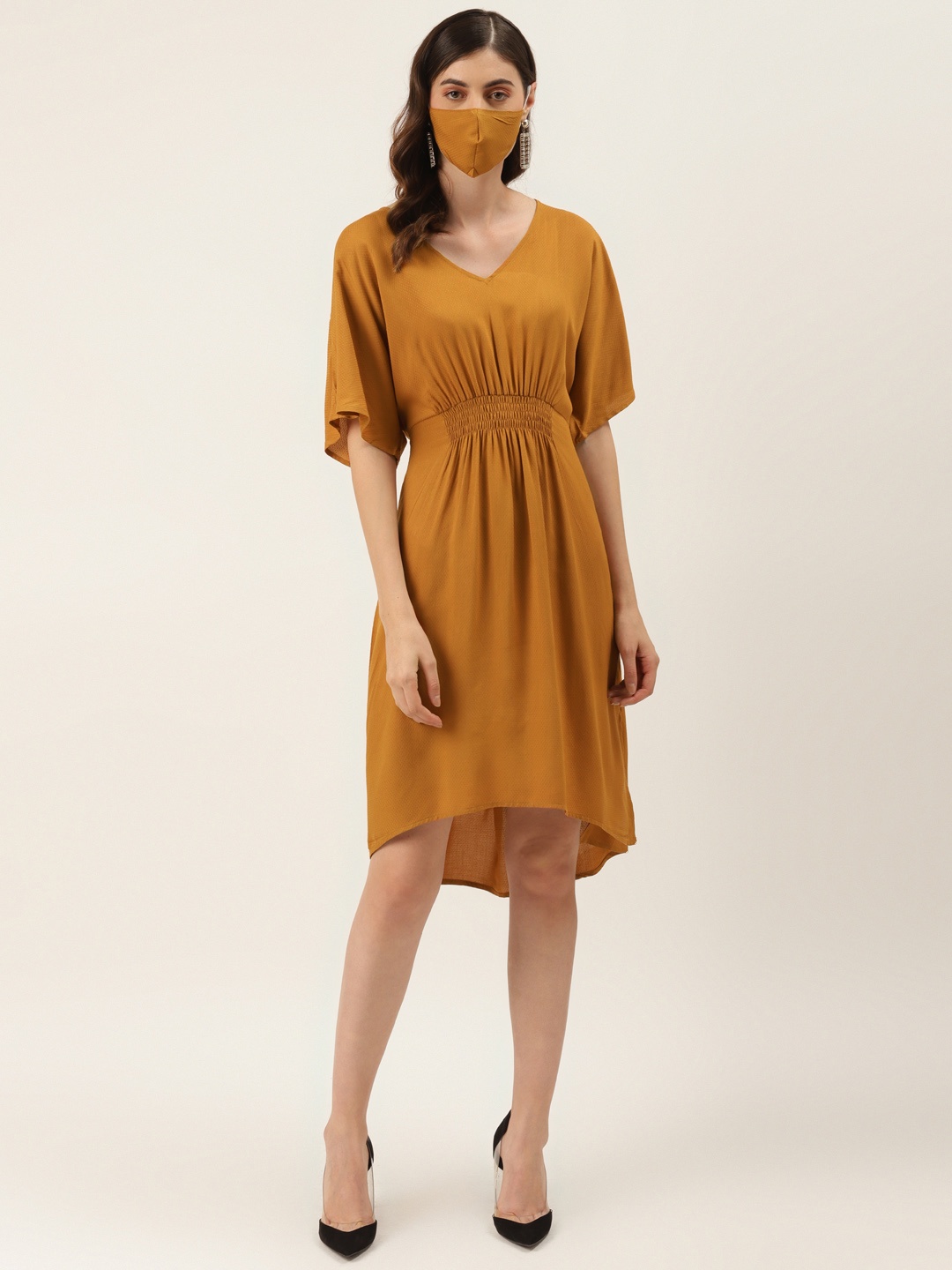 

DIVA WALK EXCLUSIVE Women Mustard Brown Self Design A-Line Dress with Mask