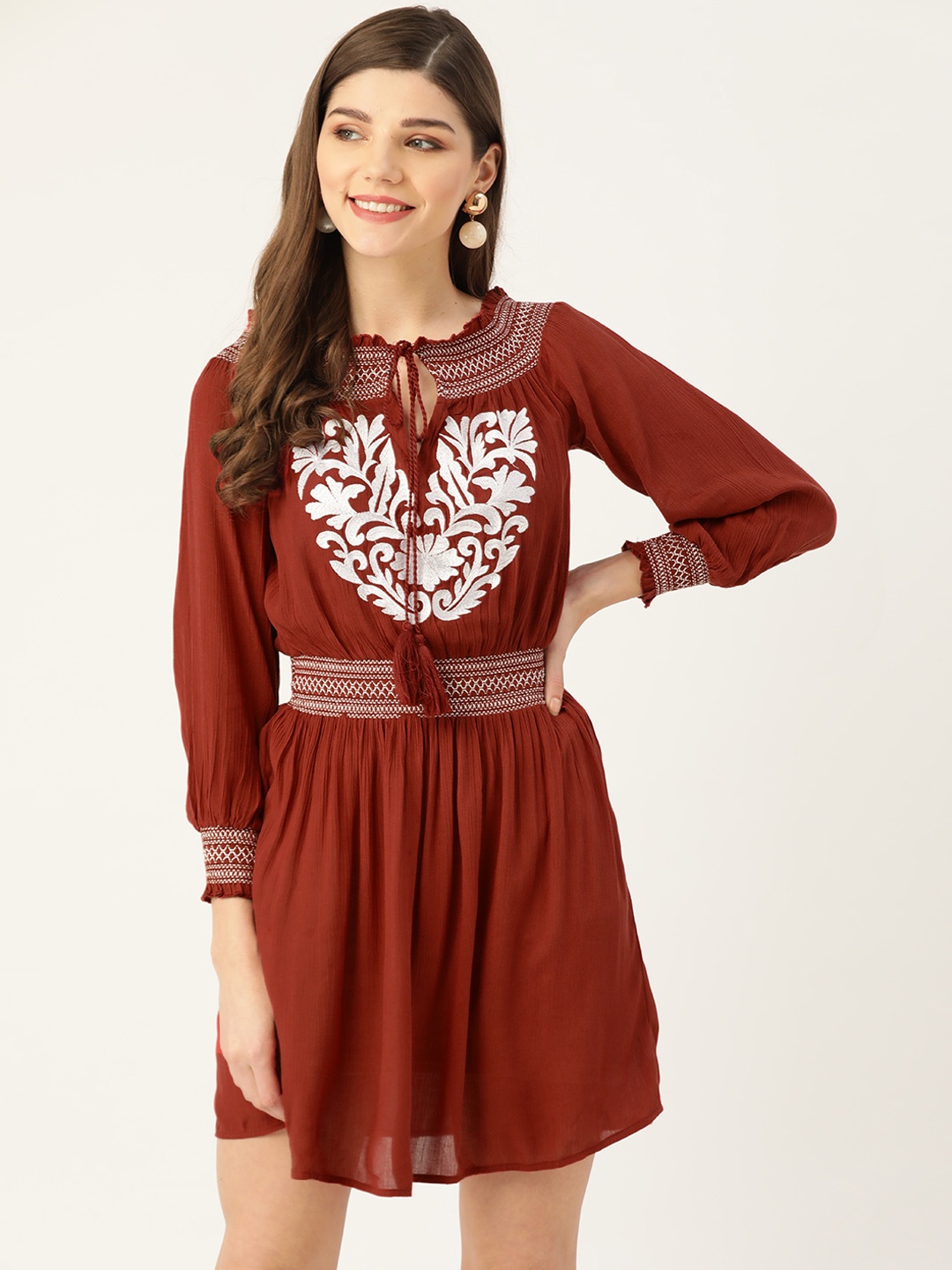 

DIVA WALK EXCLUSIVE Women Rust Brown & White Embroidered A-Line Dress
