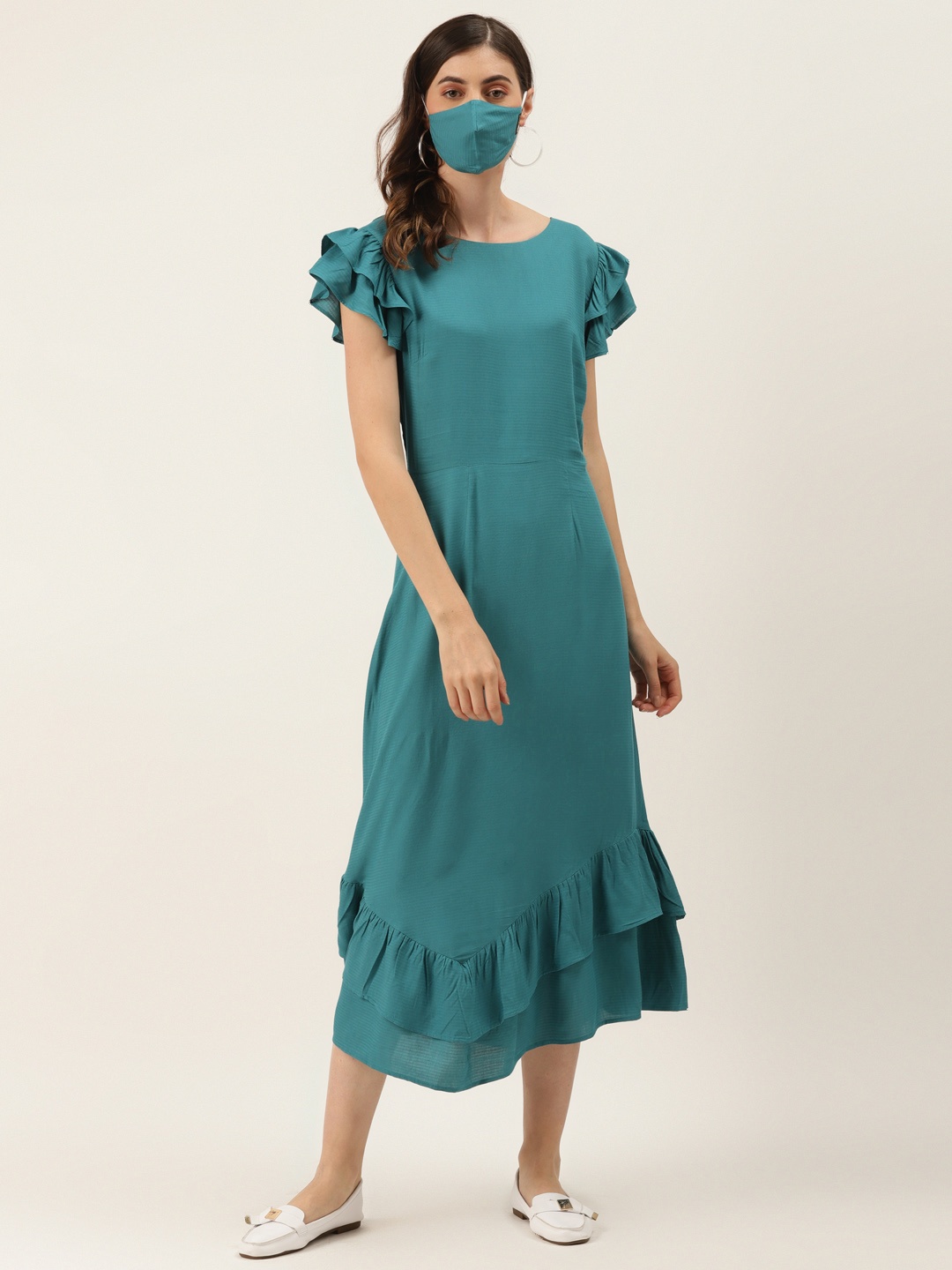 

DIVA WALK EXCLUSIVE Women Teal Blue Self-Striped A-Line Dress