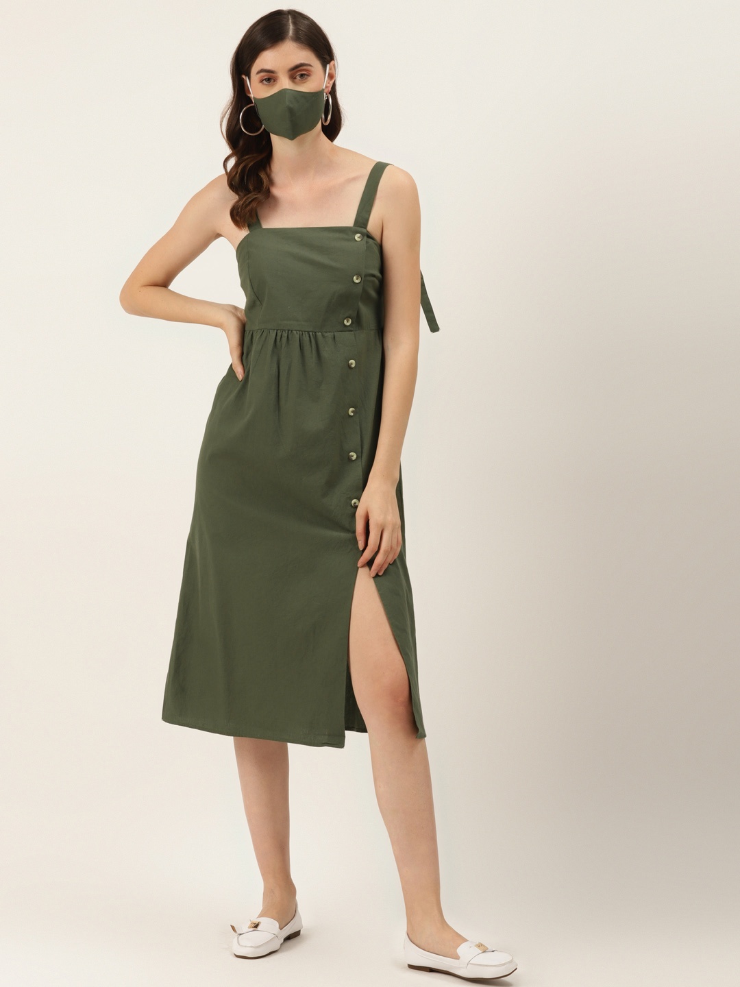 

DIVA WALK EXCLUSIVE Women Olive Green Solid A-Line Dress with Mask