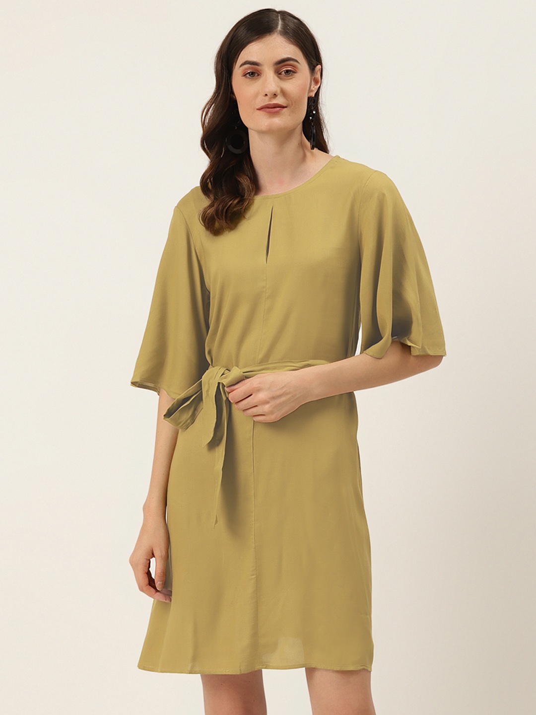 

DIVA WALK EXCLUSIVE Women Olive Green Solid A-Line Dress & Belt