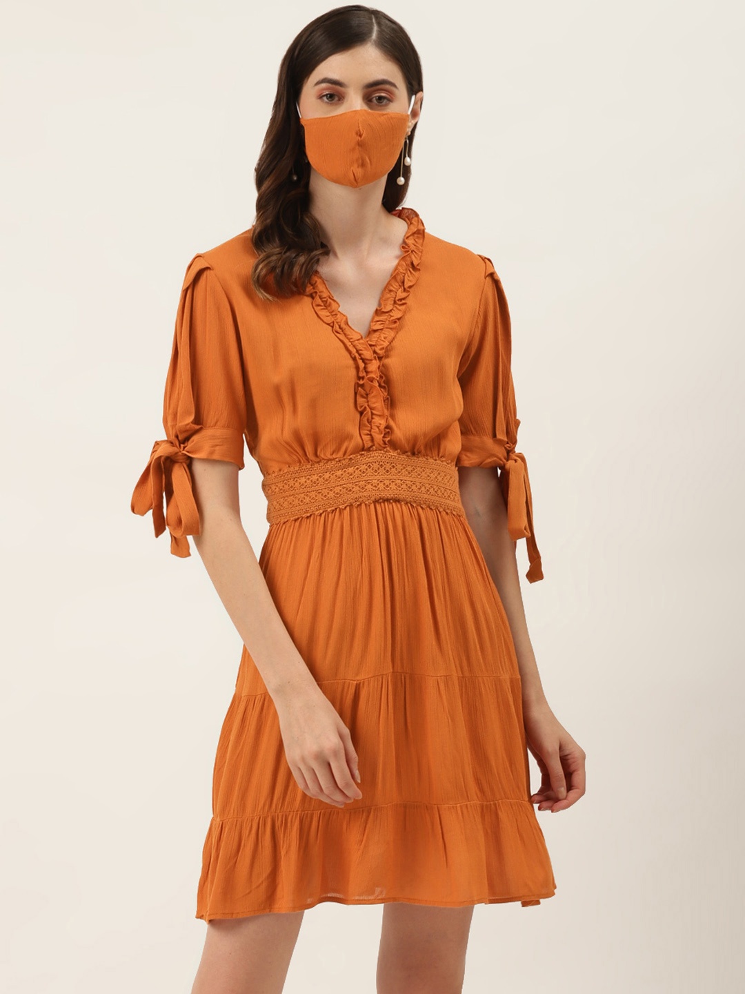 

DIVA WALK EXCLUSIVE Women Rust Orange Solid A-Line Tiered Dress & Mask