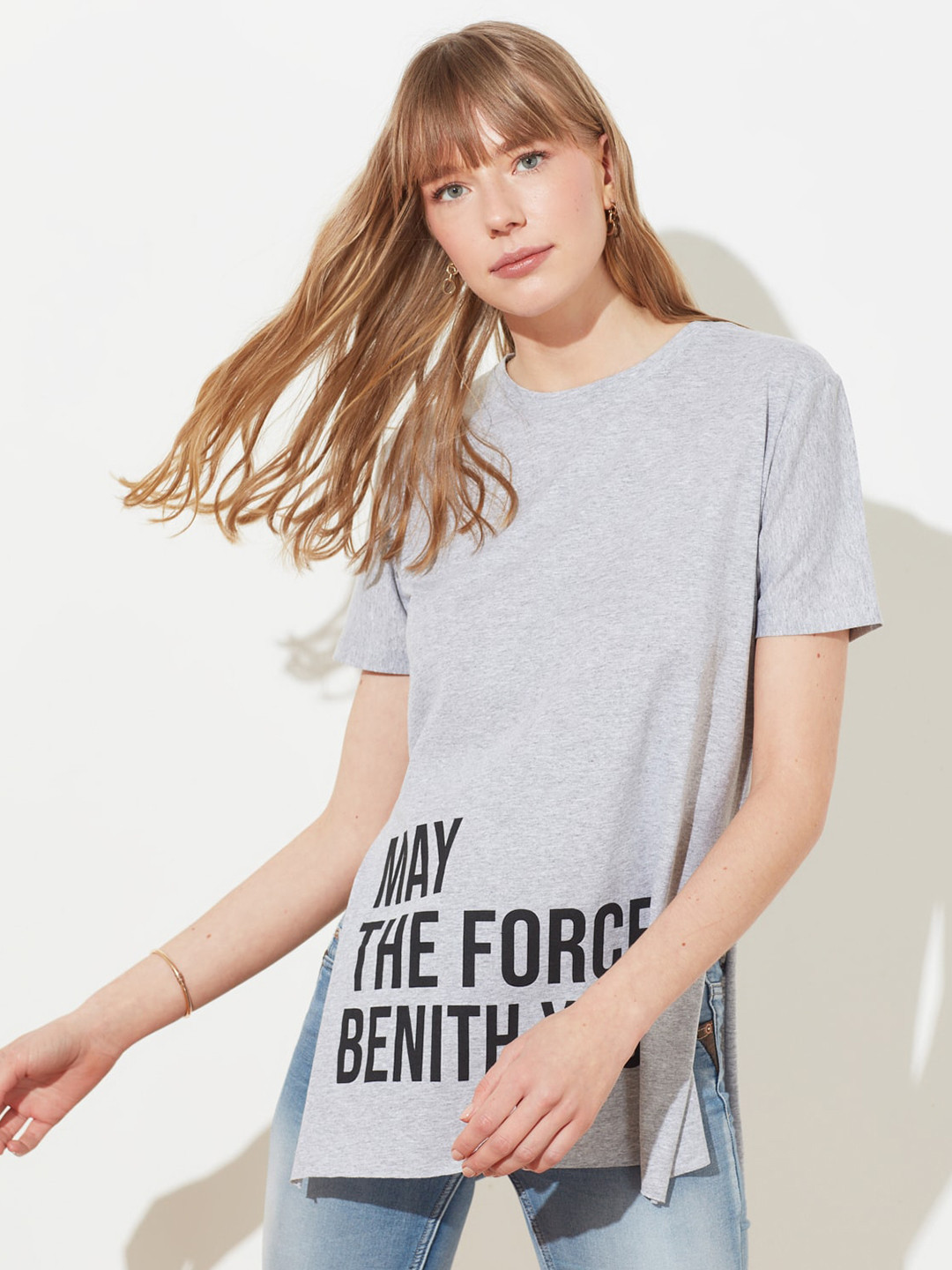 

Trendyol Women Grey Melange Black Printed Cotton Round Neck Longline T-shirt