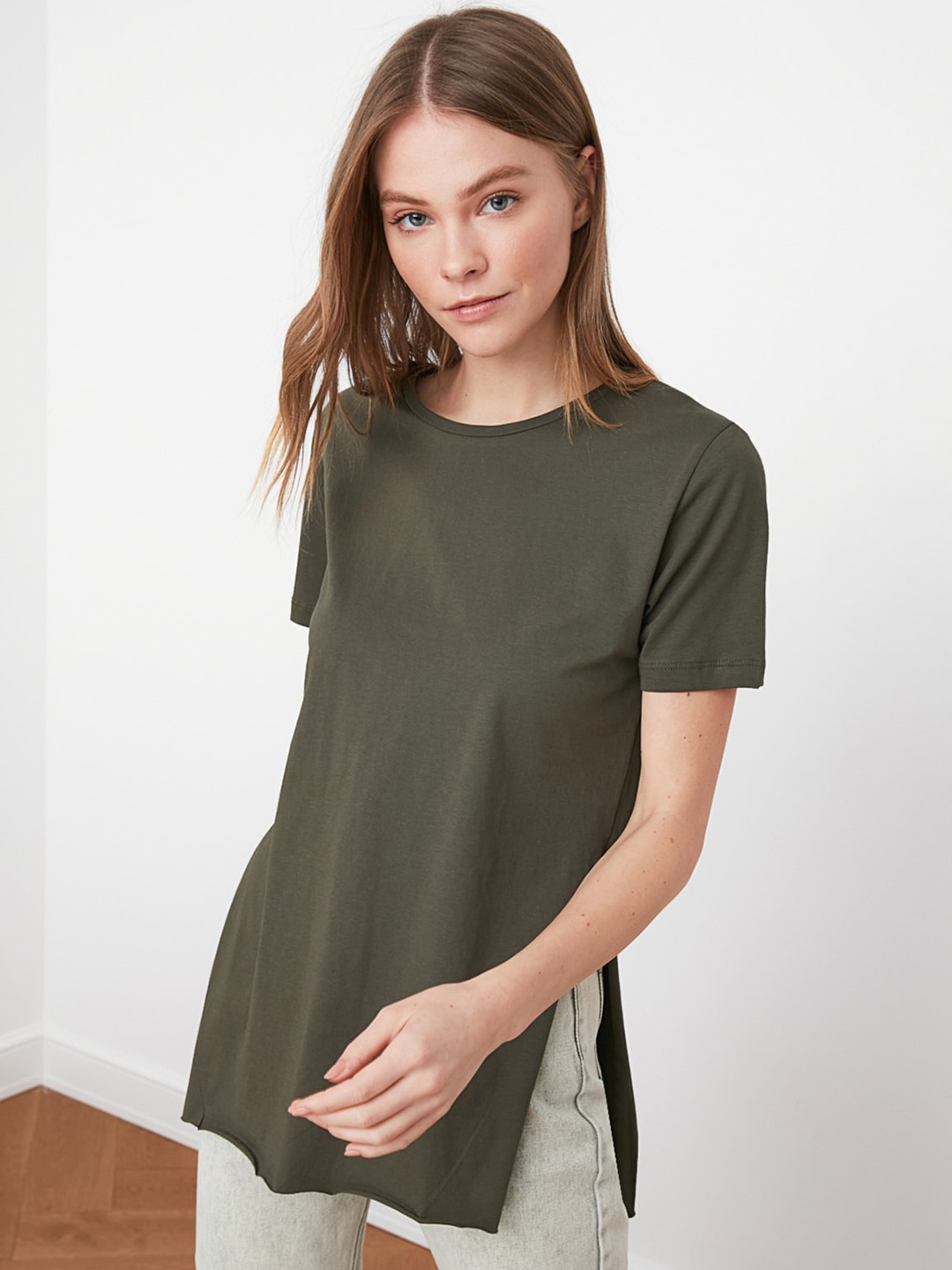 

Trendyol Women Dark Olive Green Solid Round Neck Pure Cotton T-shirt