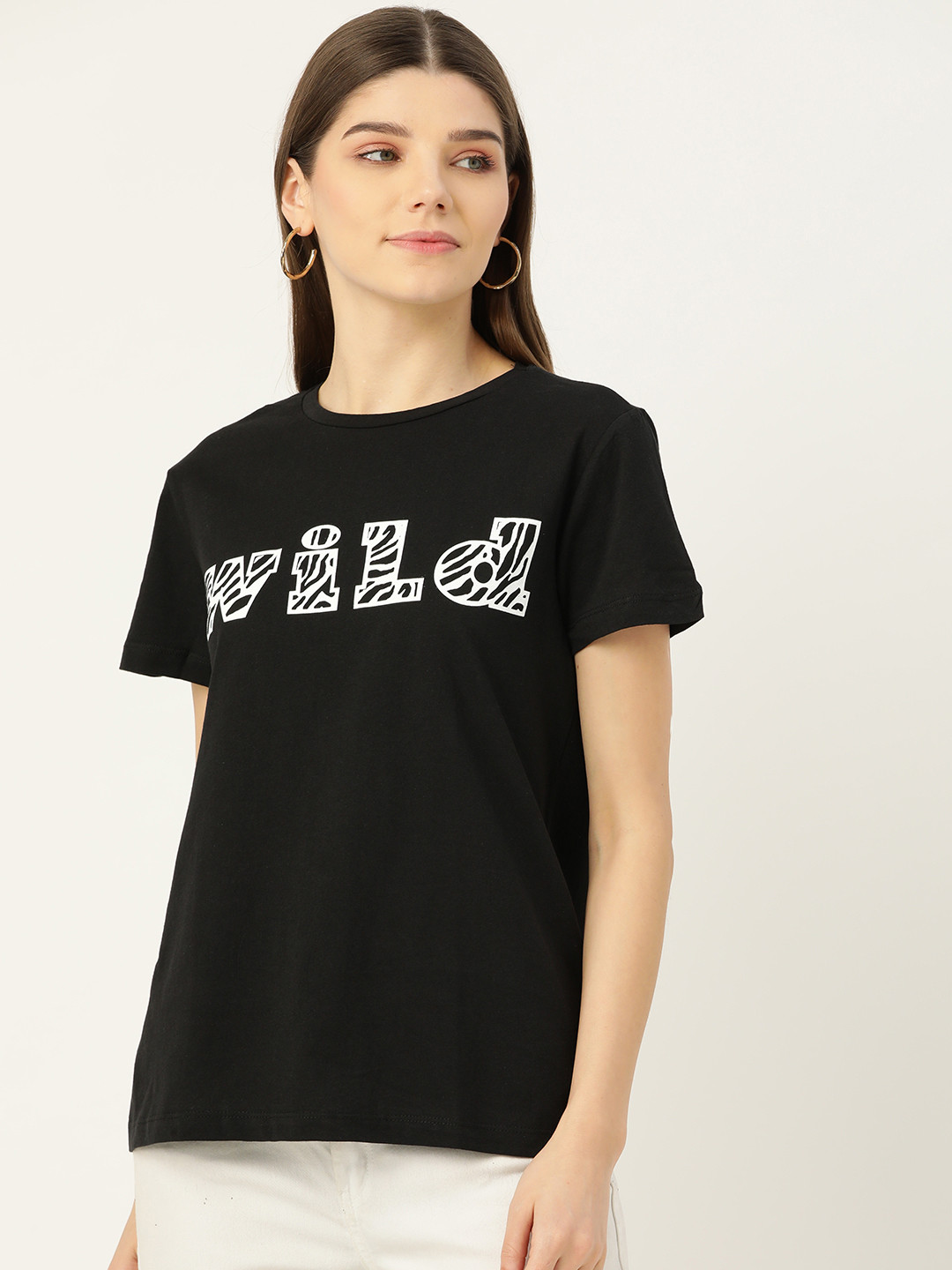 

Trendyol Women Black White Pure Cotton Printed T-shirt