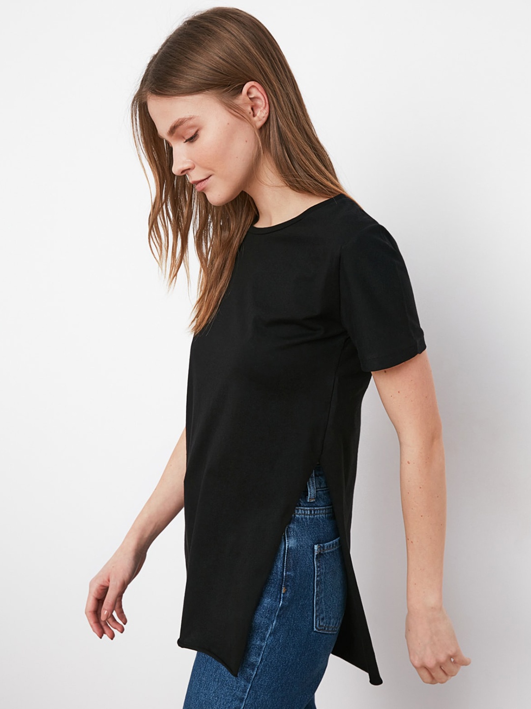 

Trendyol Women Black Solid Round Neck Pure Cotton T-shirt