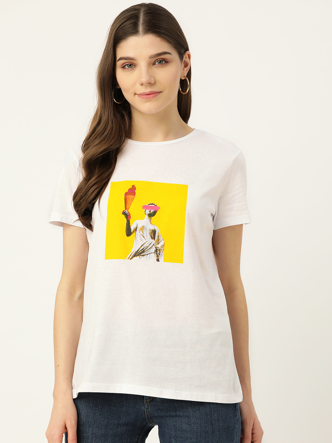 

Trendyol Women White Yellow Pure Cotton Printed T-shirt