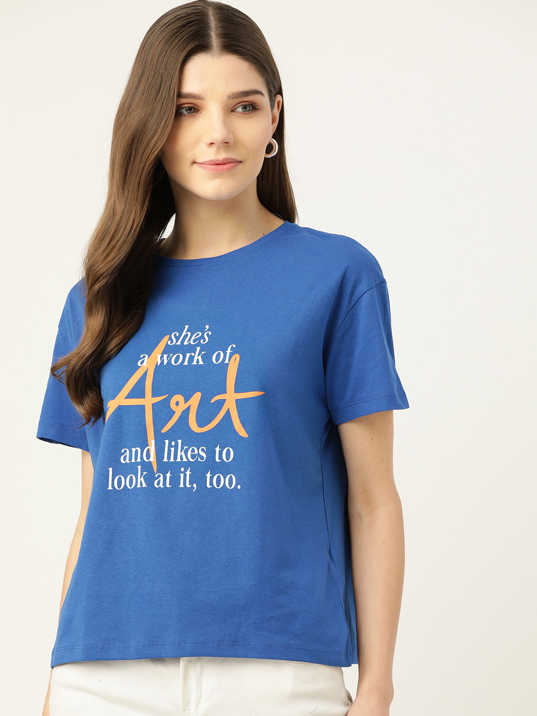 

Trendyol Women Blue White Printed Round Neck Pure Cotton T-shirt