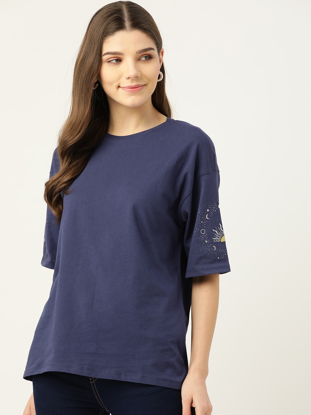 

Trendyol Women Navy Blue Solid Round Neck Pure Cotton T-shirt
