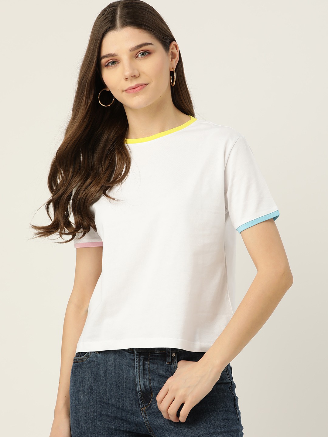 

Trendyol Women White Solid Round Neck Pure Cotton T-shirt
