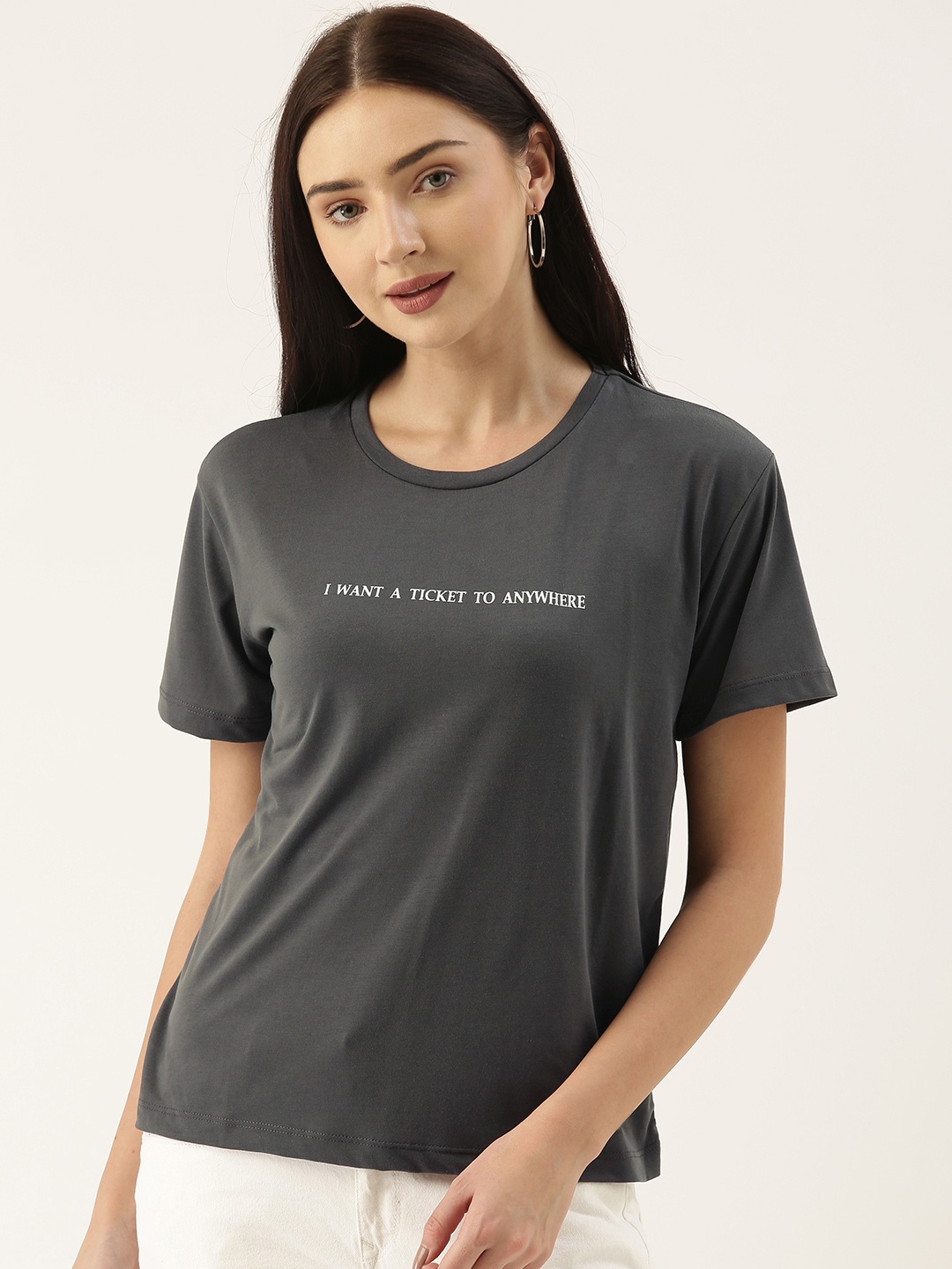 

Trendyol Women Charcoal Grey Printed Round Neck Pure Cotton T-shirt