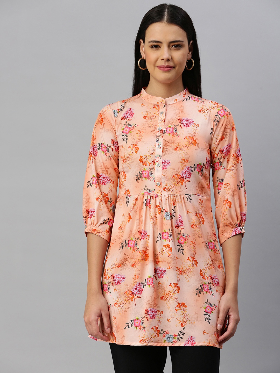 

flaher Women's Orange Floral Printed Tunic
