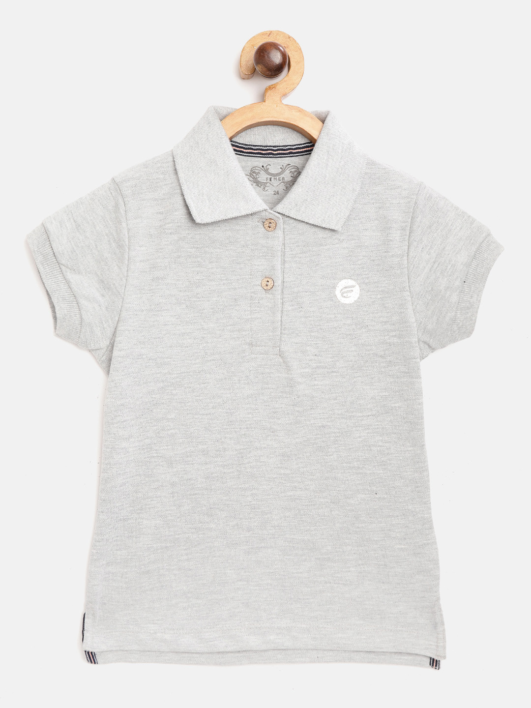 

FEMEA Girls Grey Melange Solid Polo Collar T-shirt