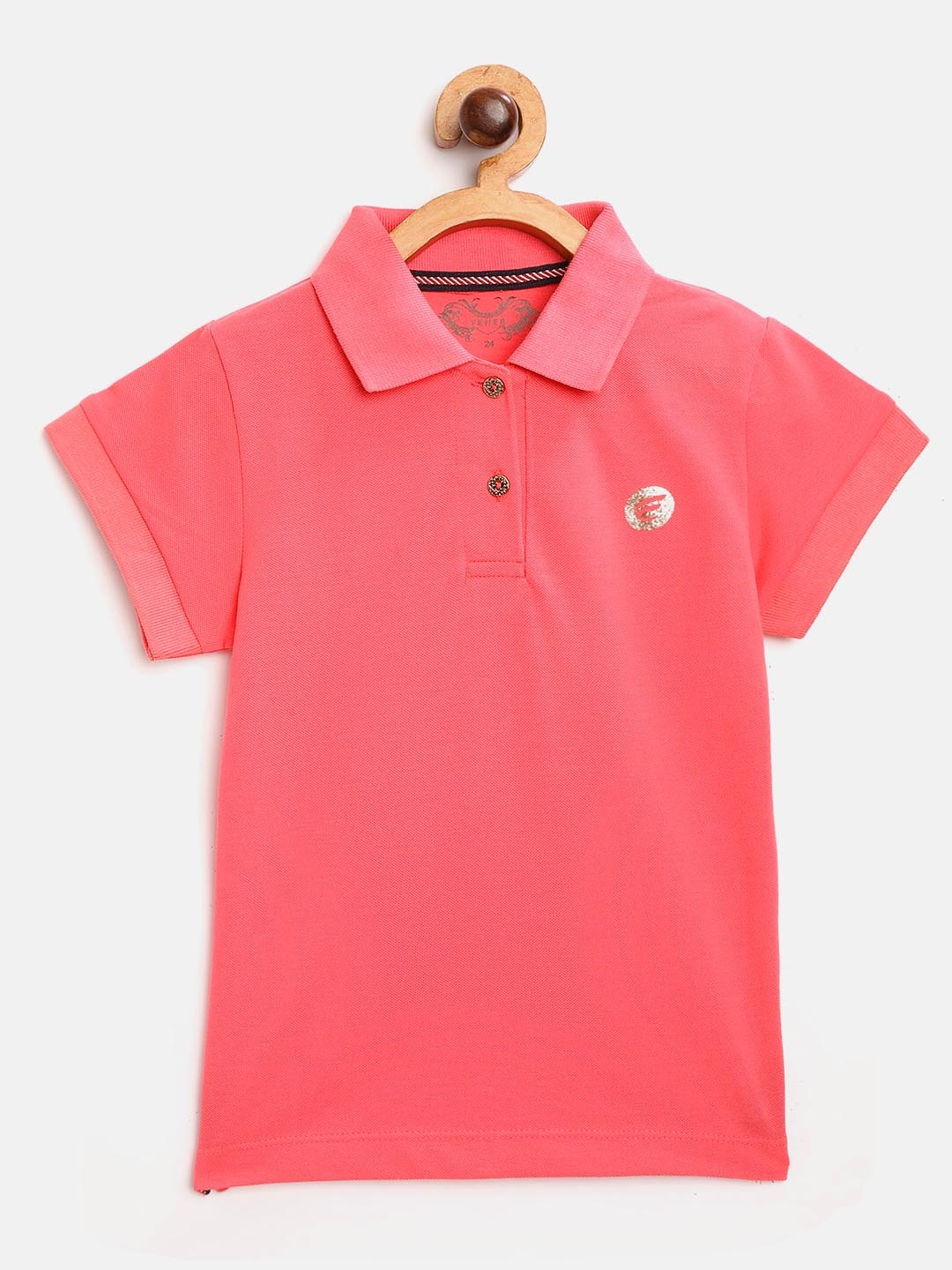 

FEMEA Girls Coral Pink Solid Polo Collar T-shirt