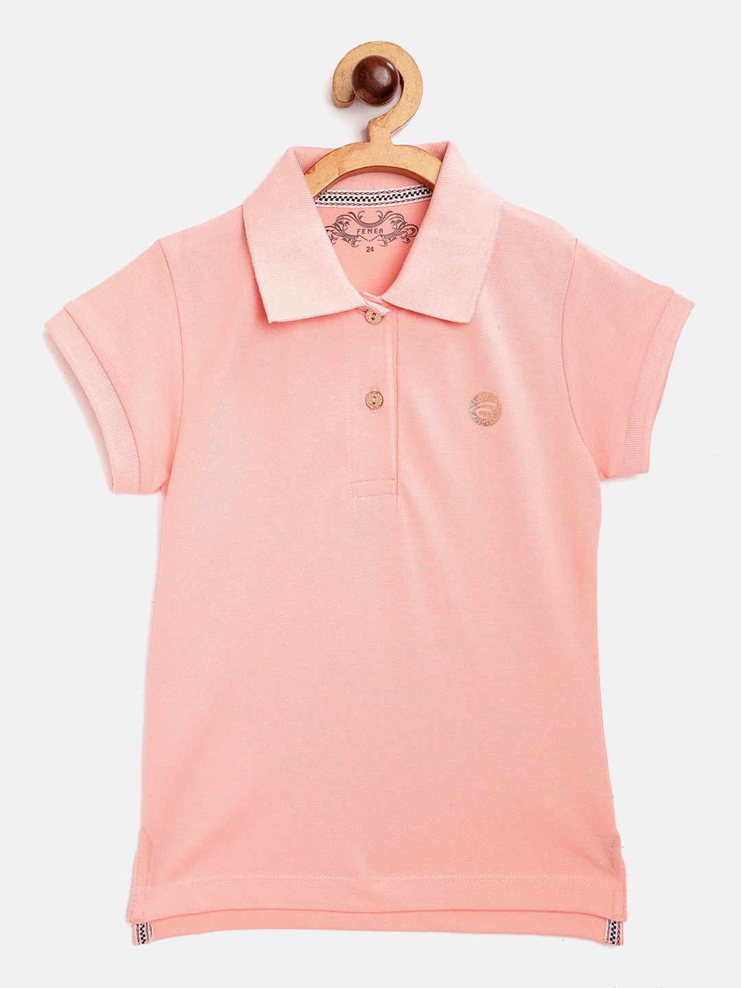 

FEMEA Girls Peach-Coloured Solid Polo Collar T-shirt