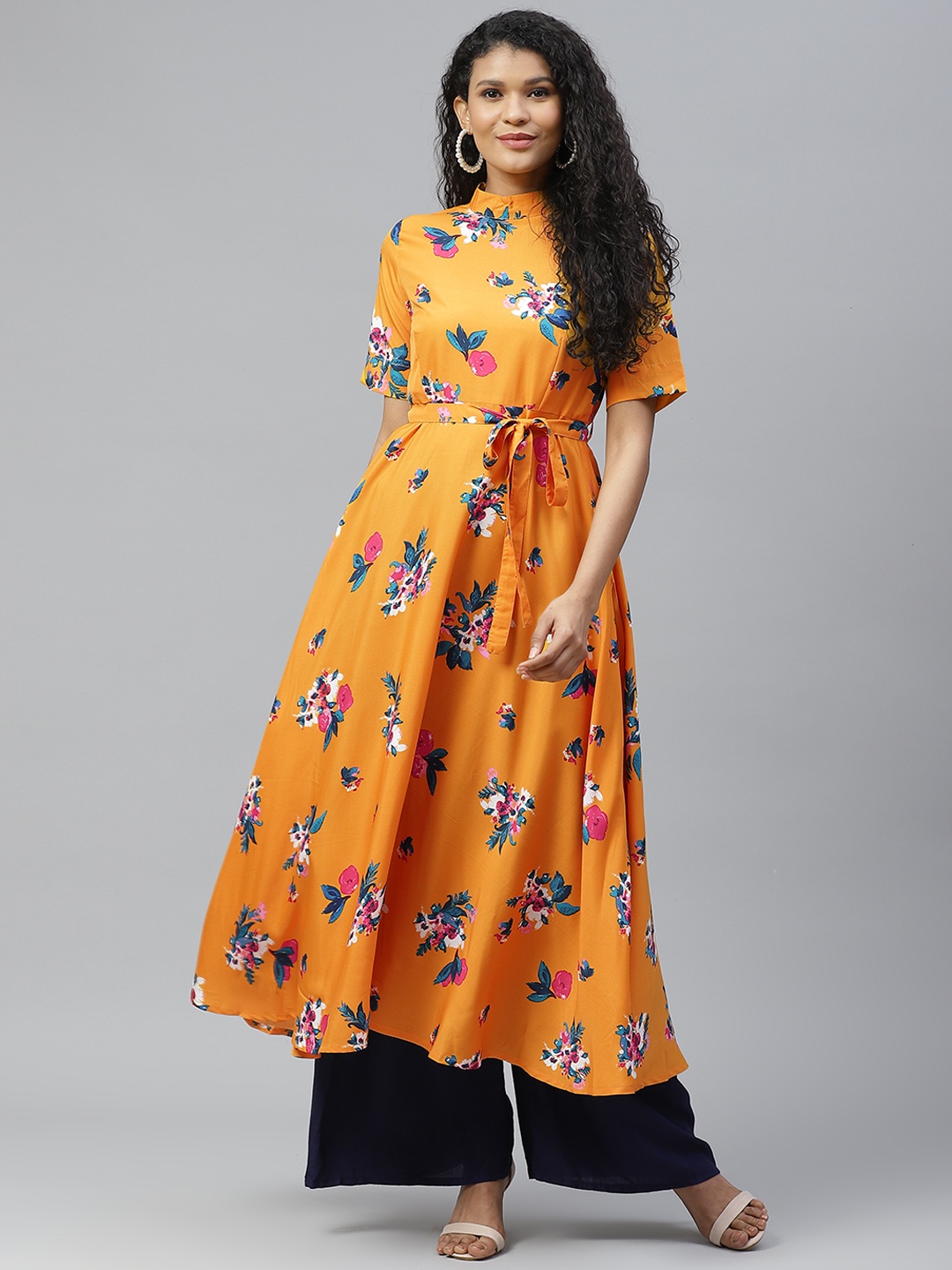 

Poshak Hub Women Mustard Yellow & Blue Floral Print A-Line Kurta