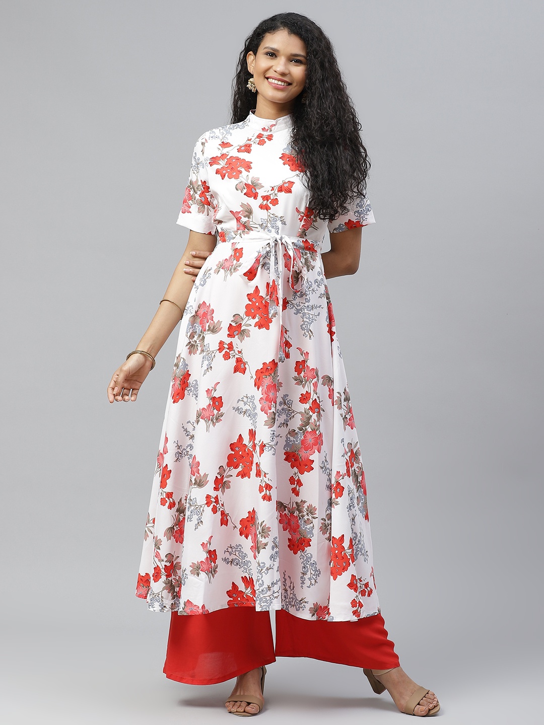 

Poshak Hub Women White & Red Floral Printed Band Collar Styled Back Crepe Kurta with Belt