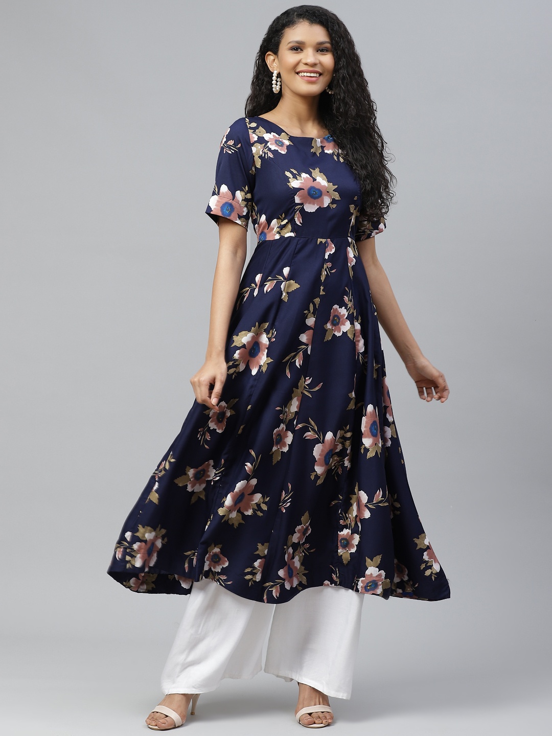 

Poshak Hub Women Navy Blue & Pink Floral Print Panelled Anarkali Kurta