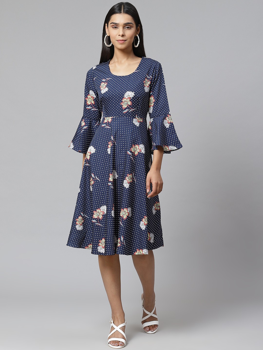 

Poshak Hub Women Navy Blue & White Printed Fit & Flare Dress