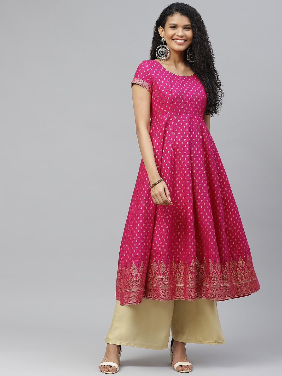 

Poshak Hub Women Pink & Golden Ethnic Motifs Print Panelled Cotton Anarkali Kurta