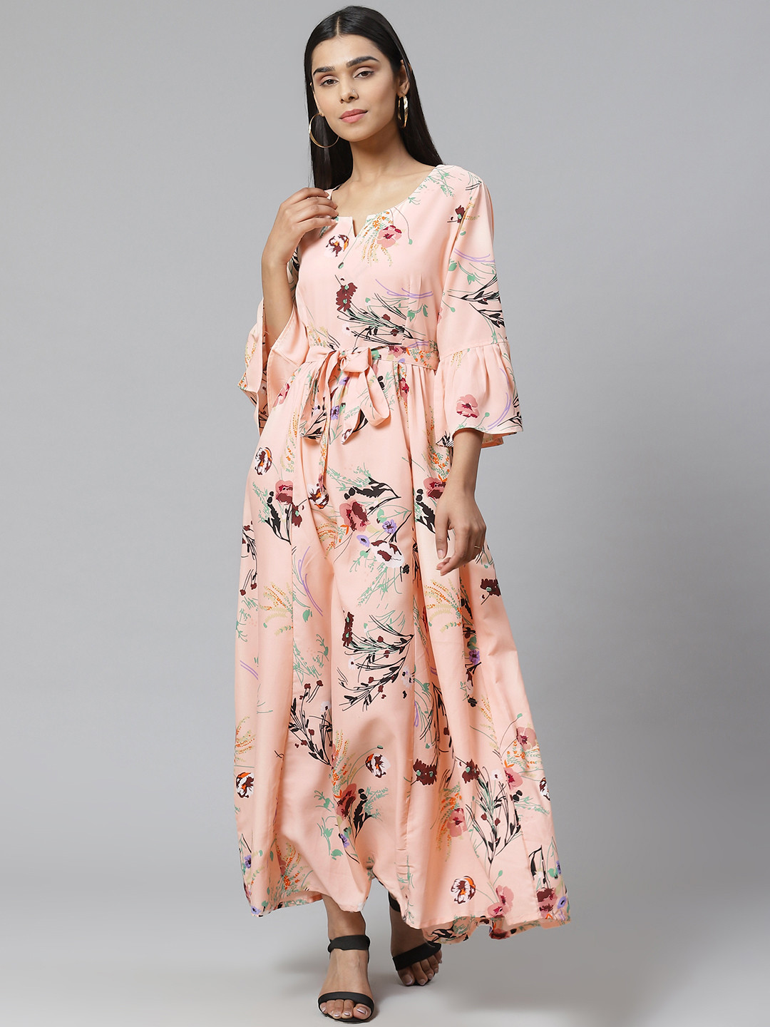 

Poshak Hub Women Peach-Coloured & Brown Printed Maxi Dress with Gathered Detail