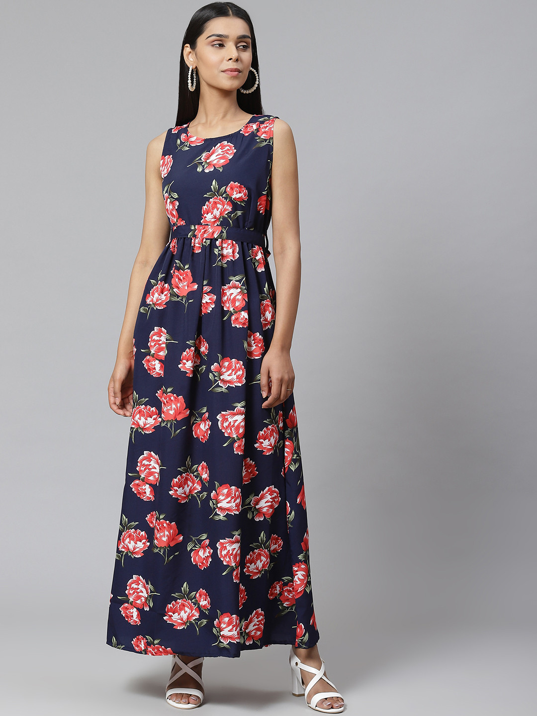 

Poshak Hub Women Navy Blue Printed Maxi Dress with Gathered Detail