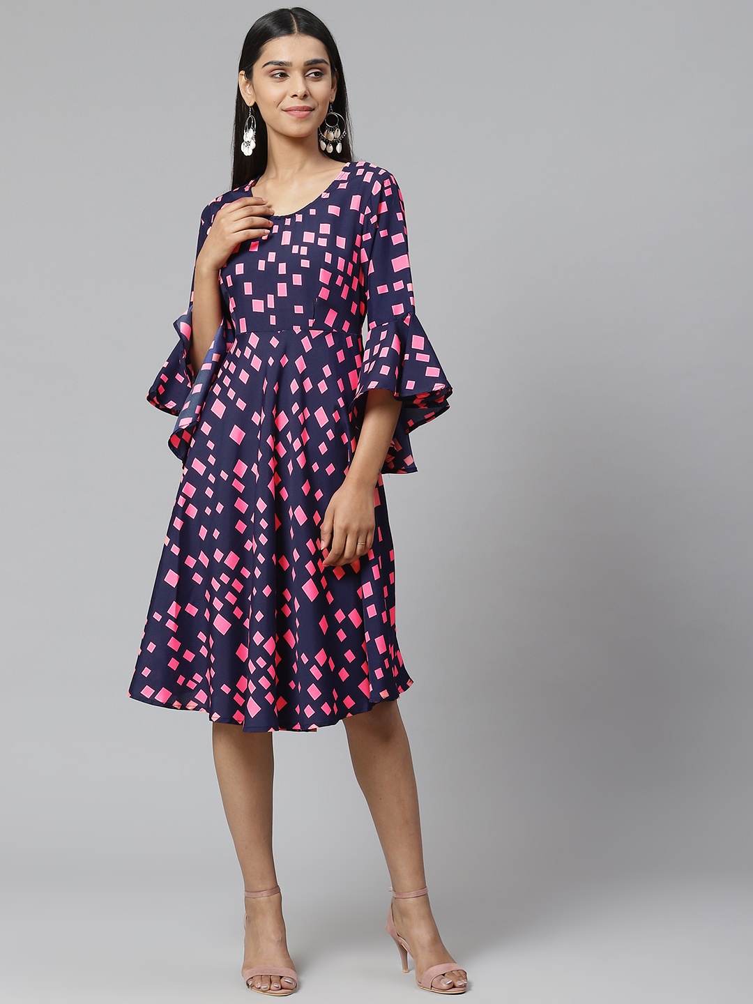 

Poshak Hub Women Navy Blue & Pink Printed Fit & Flare Dress