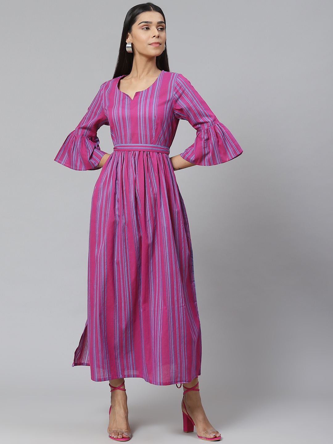 

Poshak Hub Women Magenta & Blue Pure Cotton Striped Maxi Dress
