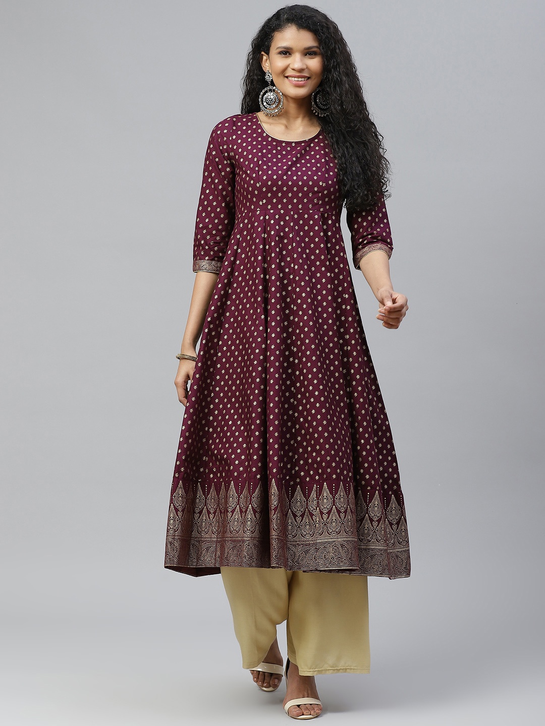 

Poshak Hub Women Burgundy & Golden Ethnic Motifs Printed Pure Cotton Kurta