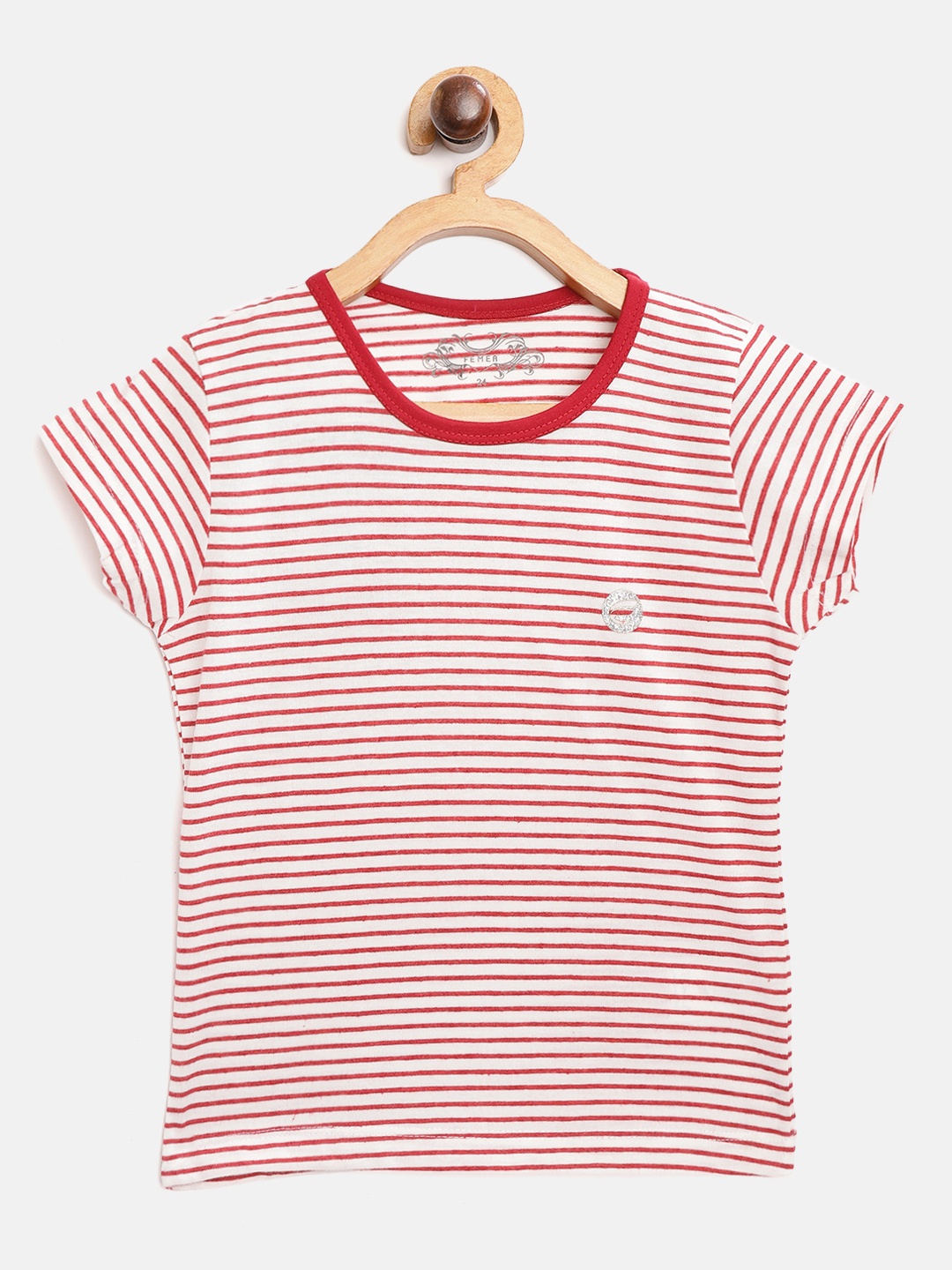 

FEMEA Girls Maroon & White Striped Cotton Round Neck T-shirt