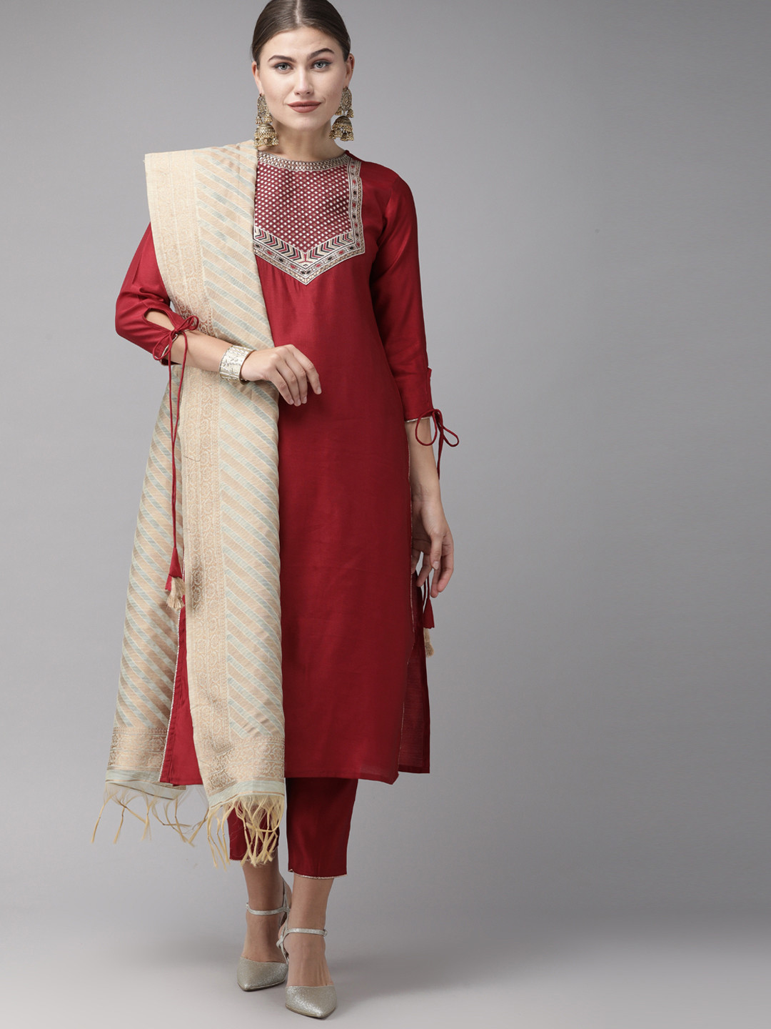 

Indo Era Women Red Yoke Design Kurta with Trousers & Dupatta