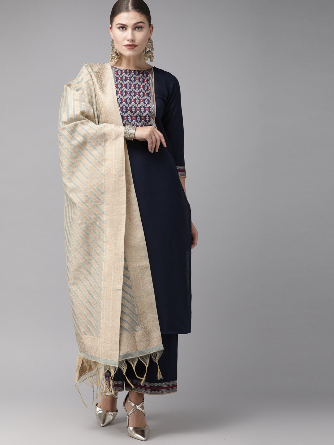 

Indo Era Women Navy Blue Yoke Design Kurta with Palazzos & Dupatta