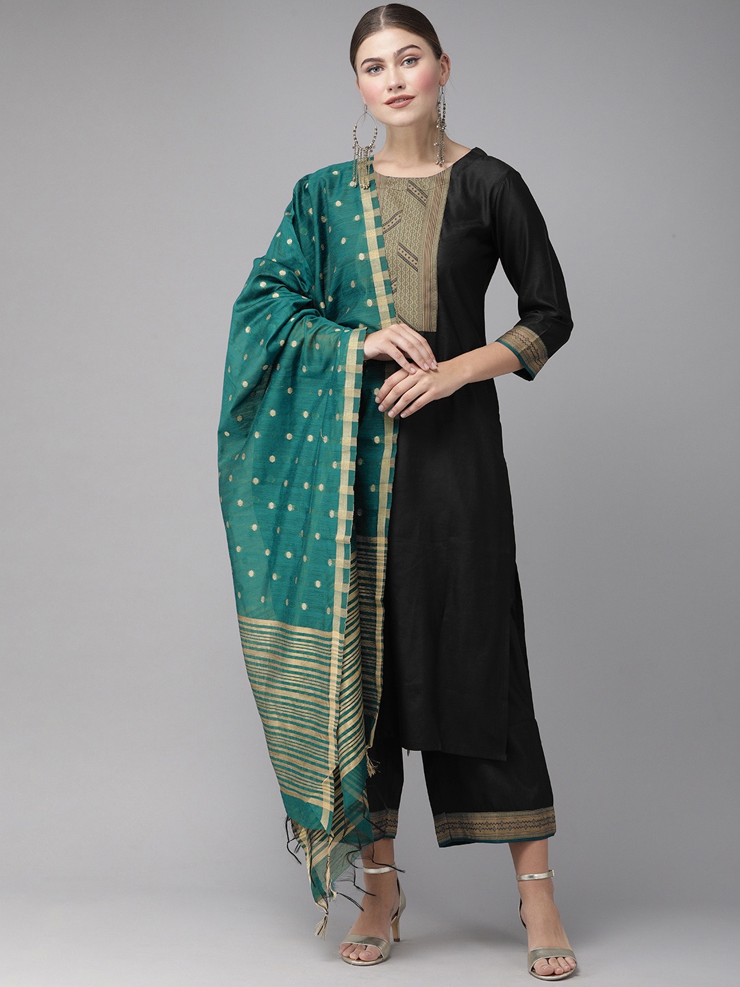 

Indo Era Women Black & Green Yoke Design Kurta with Palazzos & Dupatta