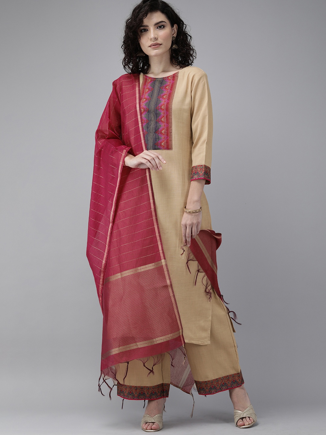 

Indo Era Women Beige & Red Solid Kurta with Palazzos & Dupatta