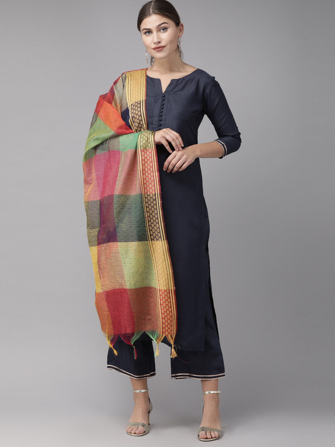 

Indo Era Women Navy Blue Solid Kurta with Palazzos & Dupatta