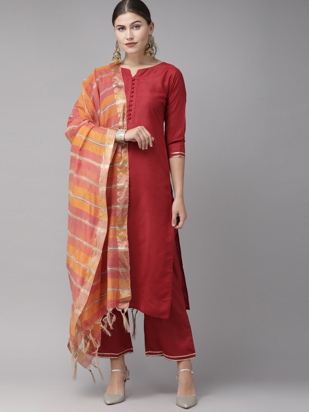 

Indo Era Women Red Solid Kurta with Palazzos & Dupatta
