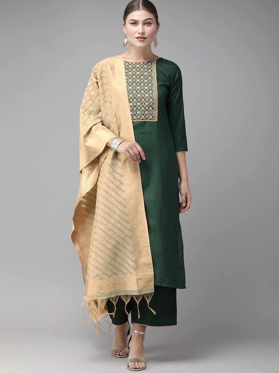 

Indo Era Women Green & Golden Yoke Design Kurta with Palazzos & Dupatta