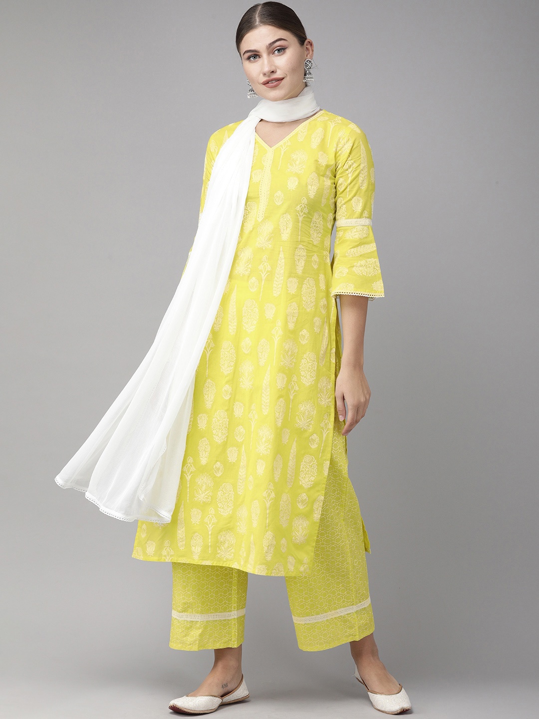 

Indo Era Women Yellow & White Foil Printed Kurta with Palazzos & Dupatta