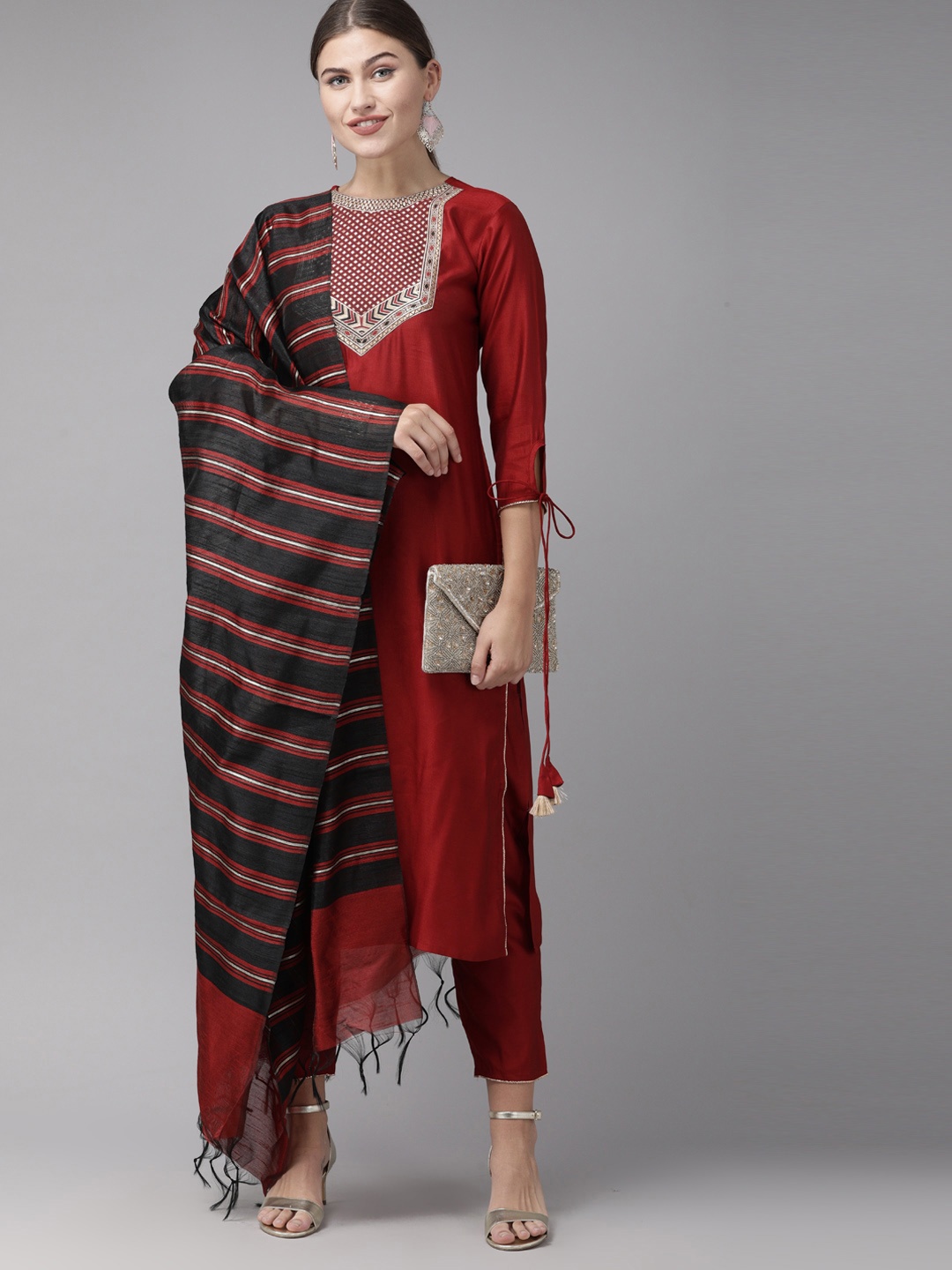 

Indo Era Women Red & Beige Yoke Design Kurta with Trousers & Dupatta