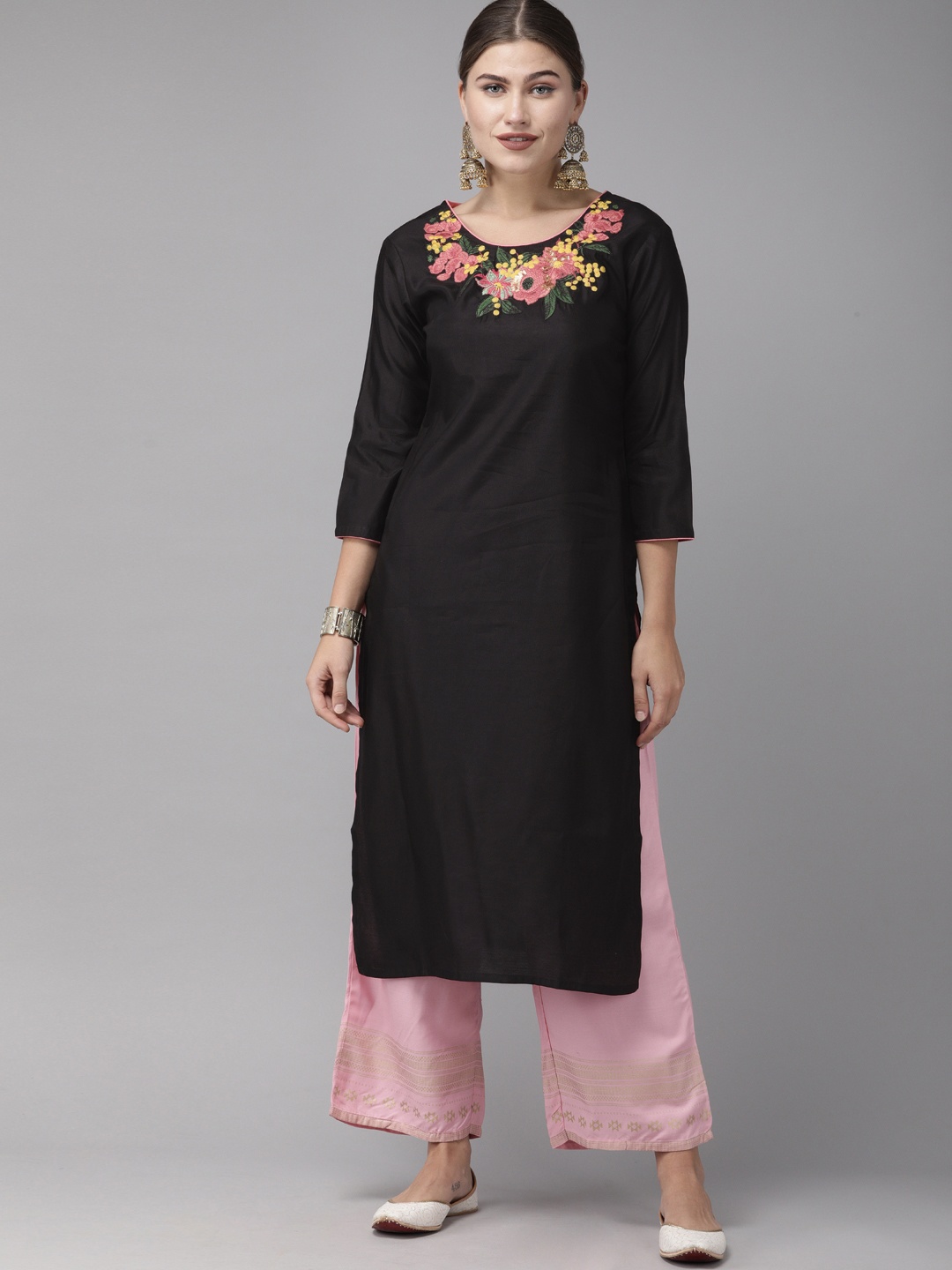 

Indo Era Women Black Floral Yoke Design Liva Kurta