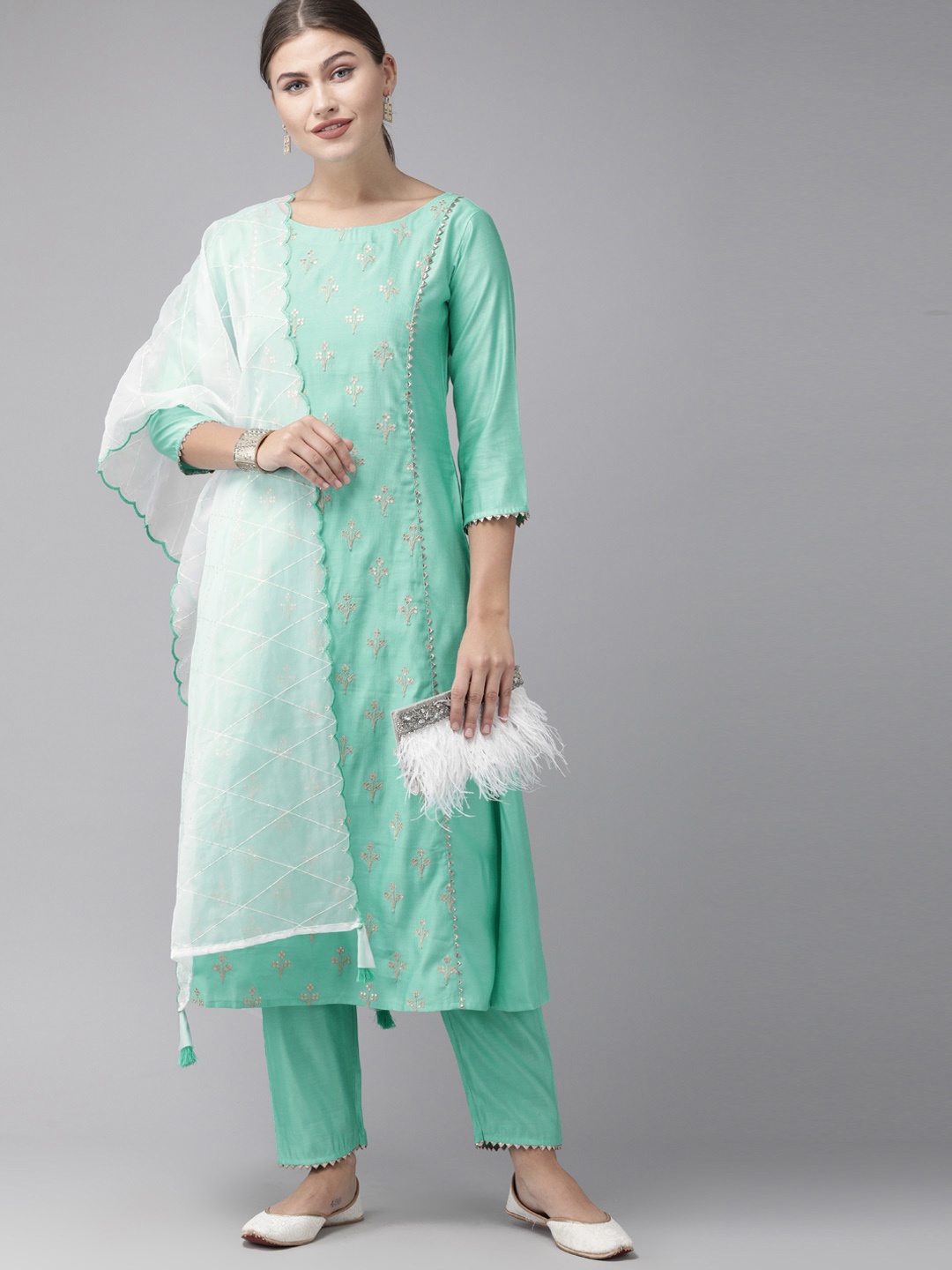 

Indo Era Women Sea Green & Beige Embroidered Kurta with Trousers & Dupatta