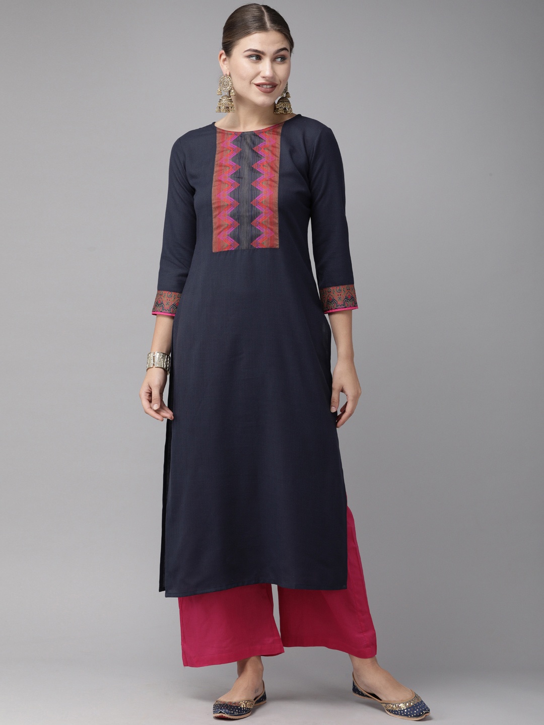 

Indo Era Women Navy Blue Chevron Yoke Design Kurta