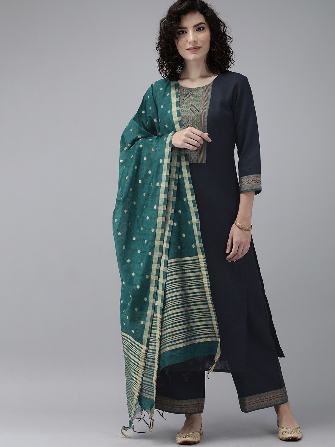 

Indo Era Women Navy Blue Yoke Design Kurta with Palazzos & Dupatta