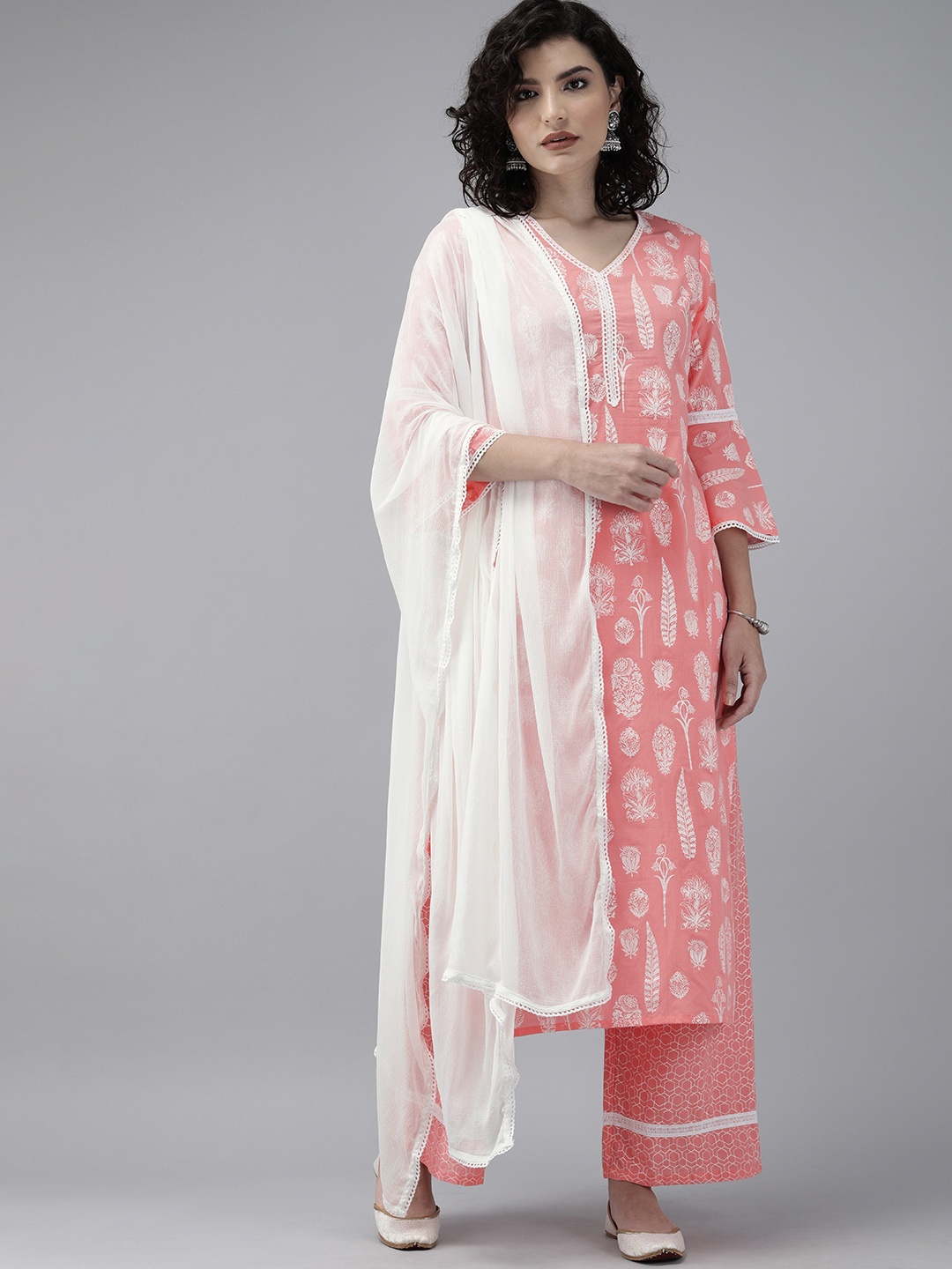 

Indo Era Women Pink & White Printed Kurta with Palazzos & Dupatta