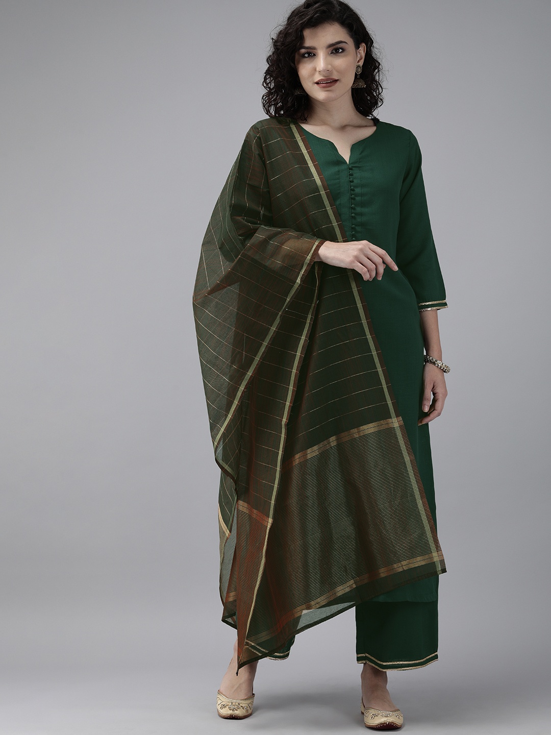 

Indo Era Women Green Solid Kurta with Palazzos & Dupatta