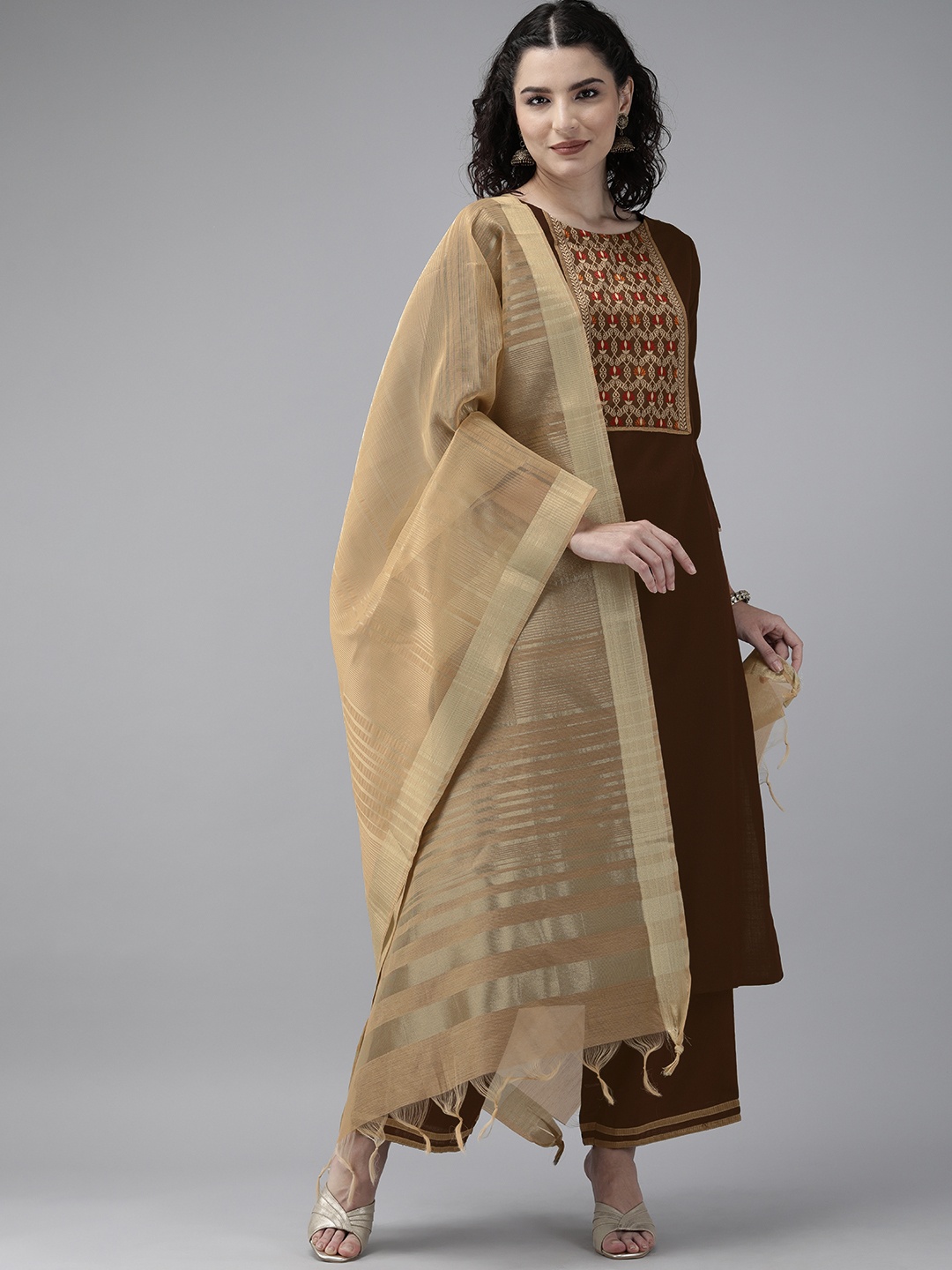 

Indo Era Women Brown Yoke Design Kurta with Palazzos & Dupatta