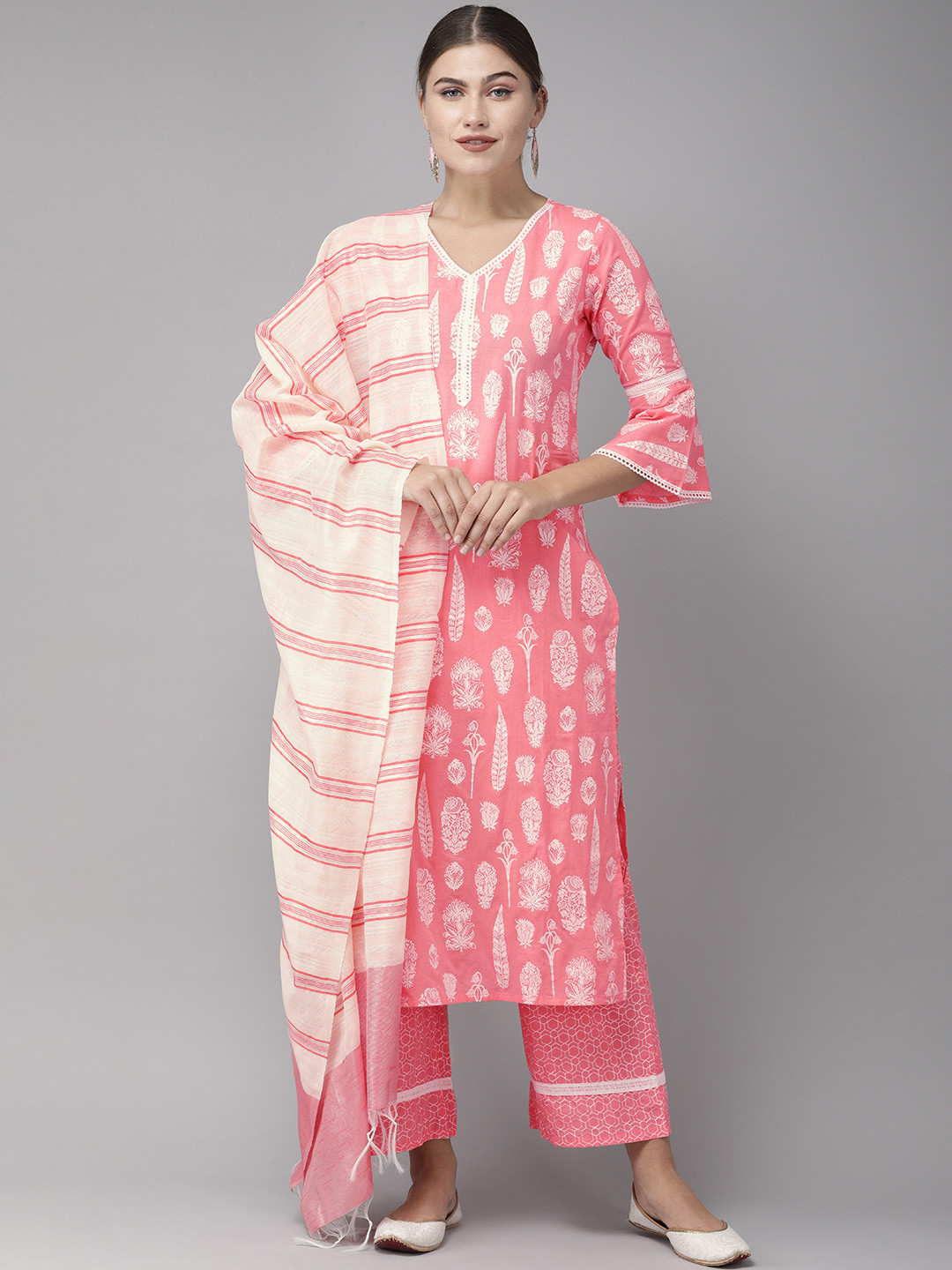 

Indo Era Women Pink & White Foil Printed Kurta with Palazzos & Dupatta